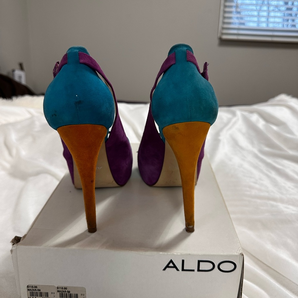 Aldo Teal and Purple High Heels with Orange Accents - Picture 3 of 6
